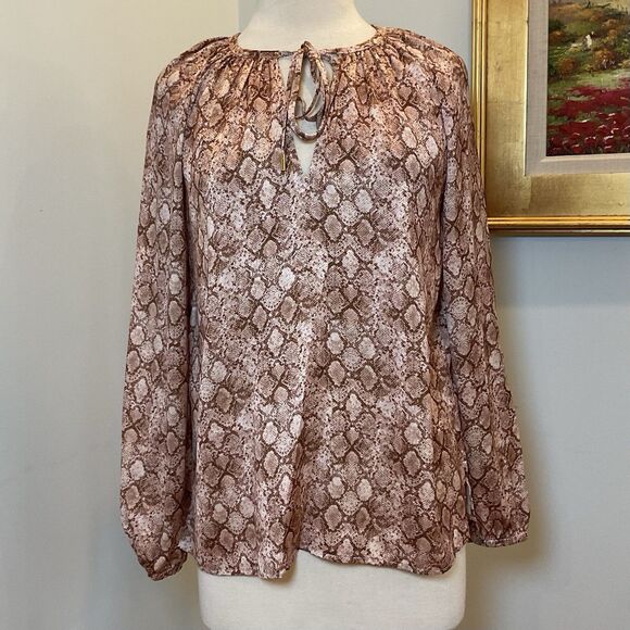 Anna Cate Python-Print Tie-Neck Blouse M Long-Sleeve Neutral Earthy Chic - Picture 1 of 7
